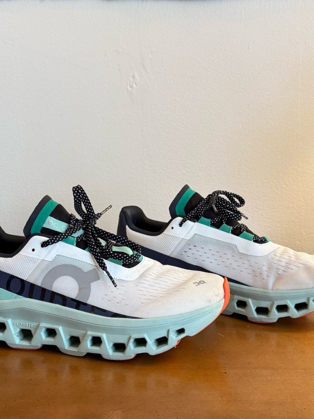 On Running Women's White Teal Black Athletic Shoes with Mint Soles